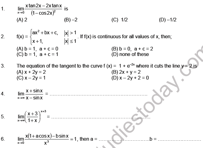 JEE Mathematics Limits Continuity And Differentiability MCQs Set A ...